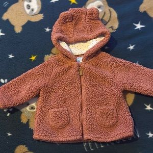 Pink bear jacket, size 6 months, polka dots inside the hoodie